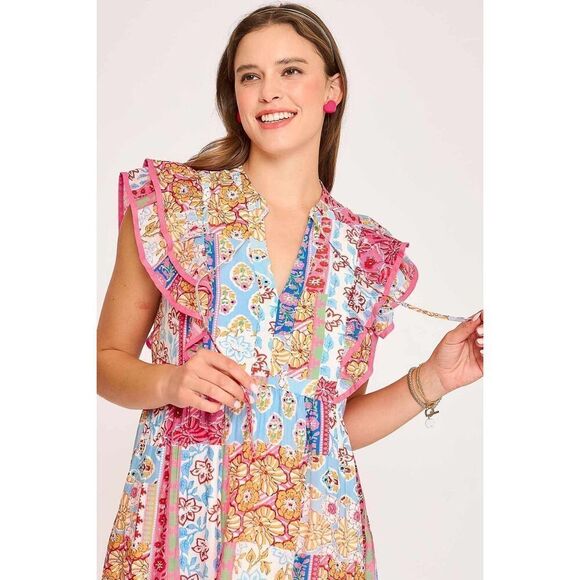 Umgee Patchwork Print Layered Ruffle Sleeve Boho Dress Sz Large - Picture 4 of 5